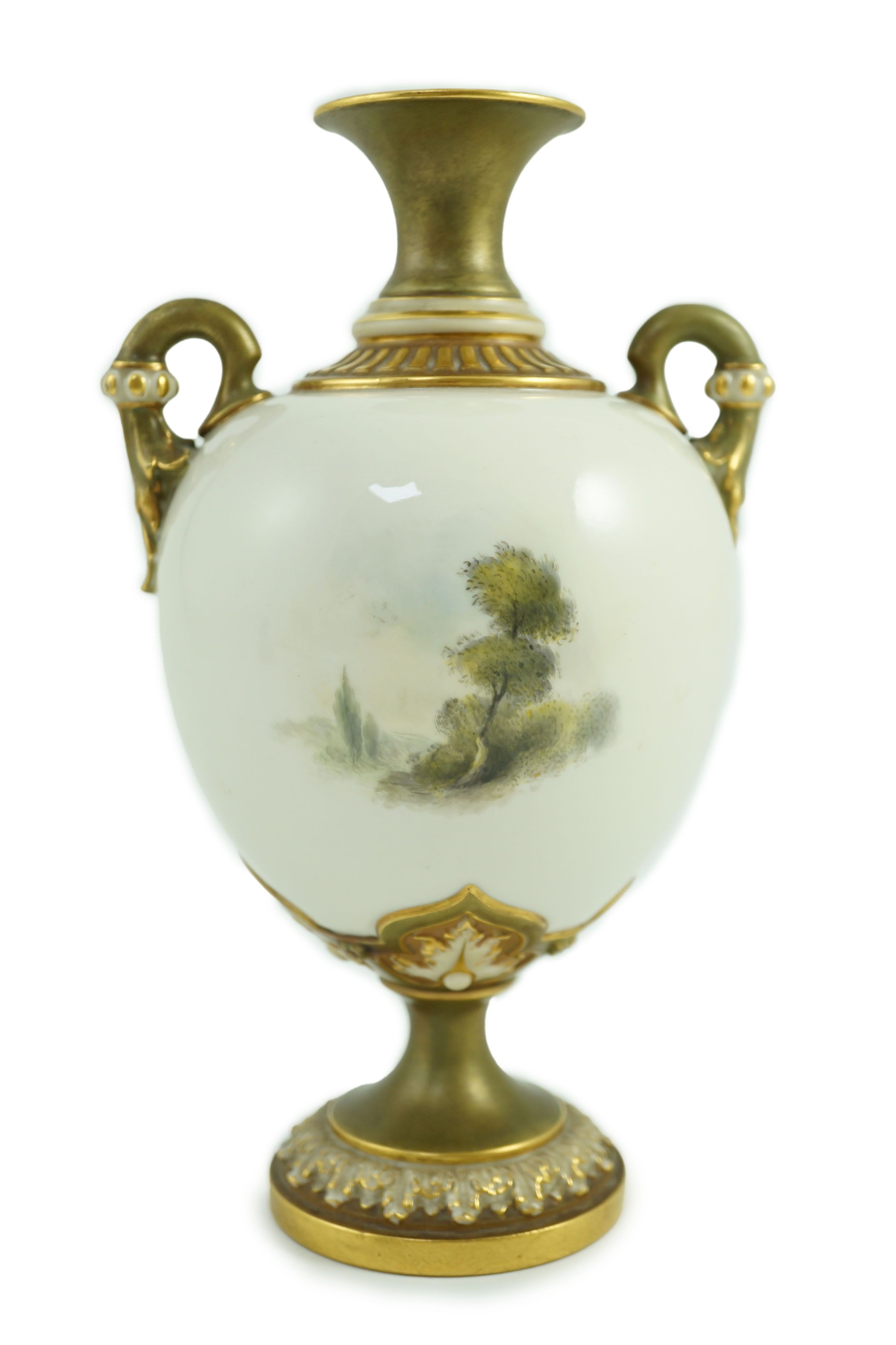 A Royal Worcester two handled vase painted with Caerphilly Castle by C. Johnson, c.1912, 21.5cm tall